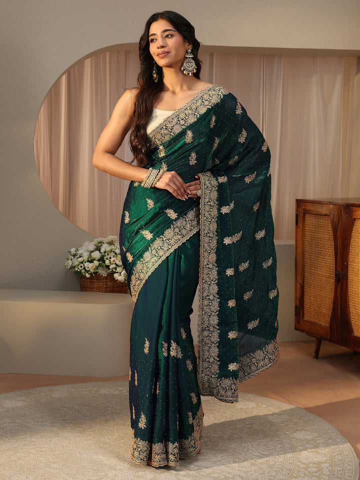 Green Ethnic Embellished Tissue Saree