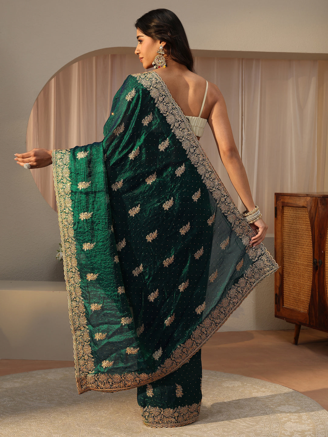 Green Ethnic Embellished Tissue Saree