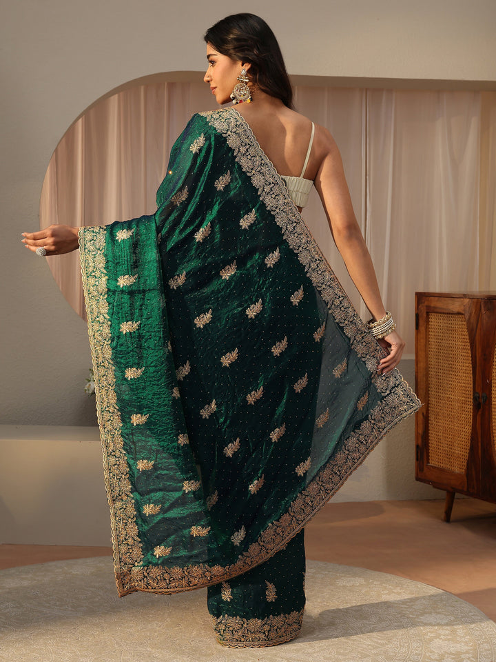 Green Ethnic Embellished Tissue Saree