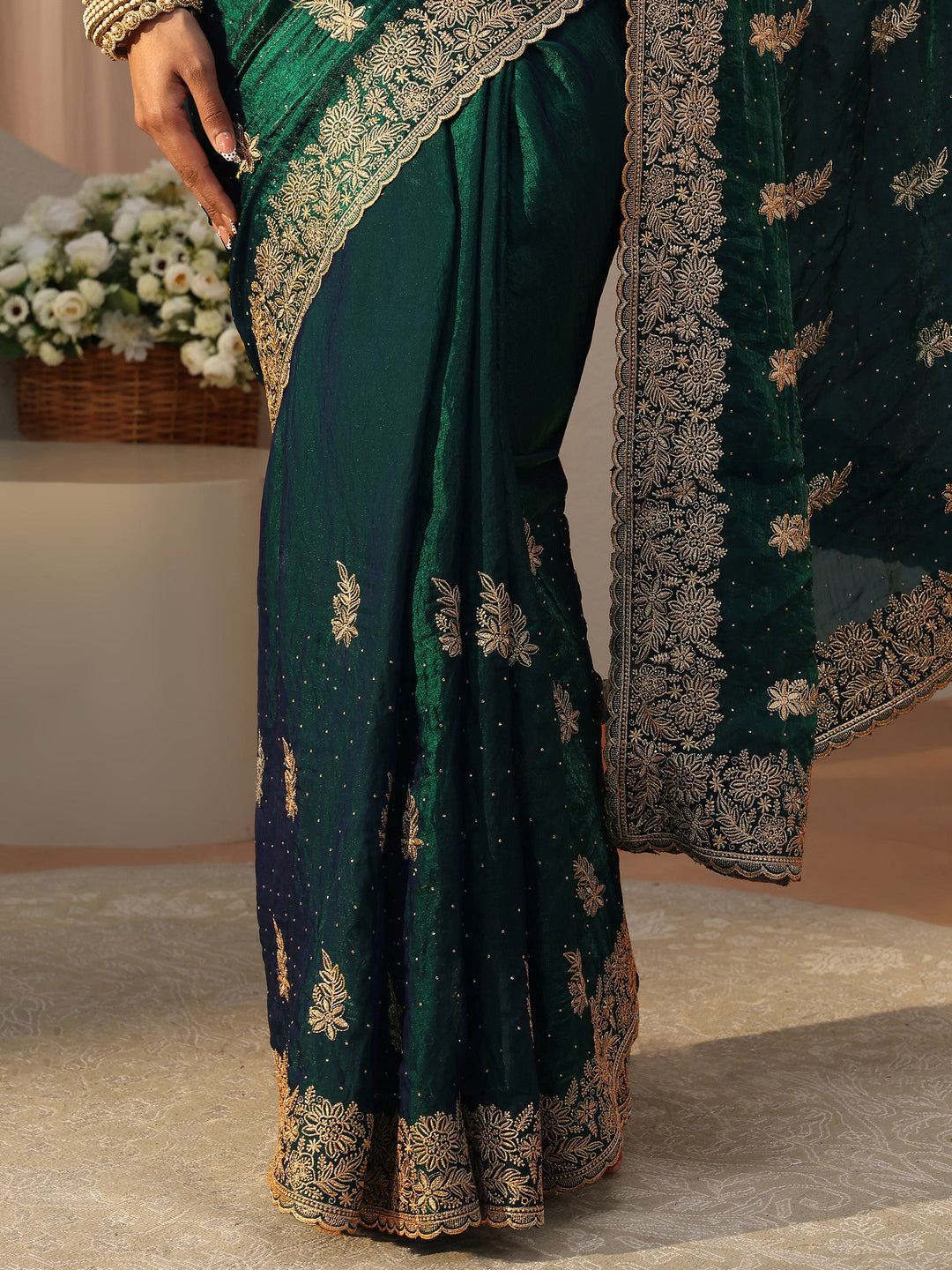 Green Ethnic Embellished Tissue Saree