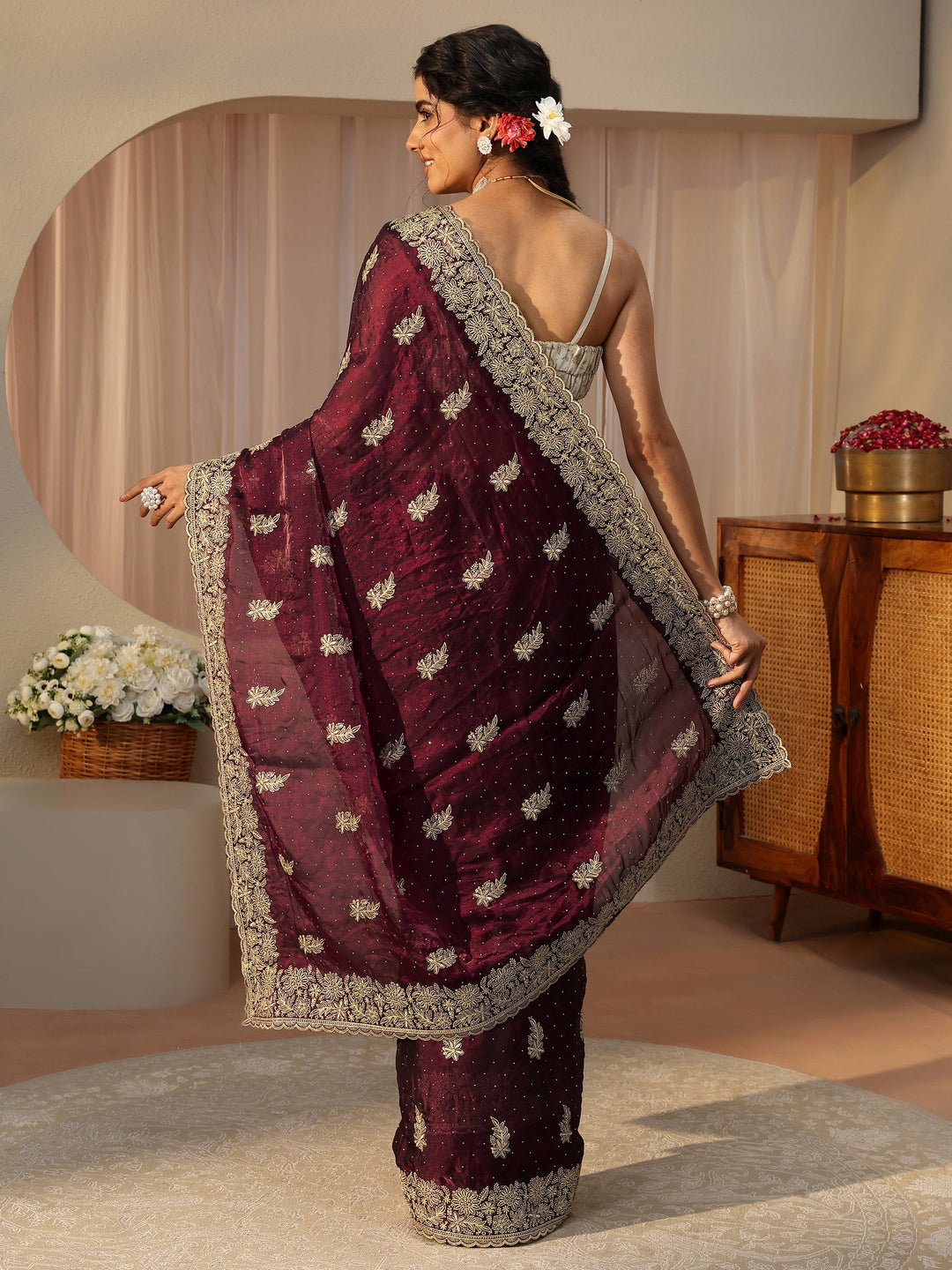 Maroon Ethnic Embellished Tissue Saree