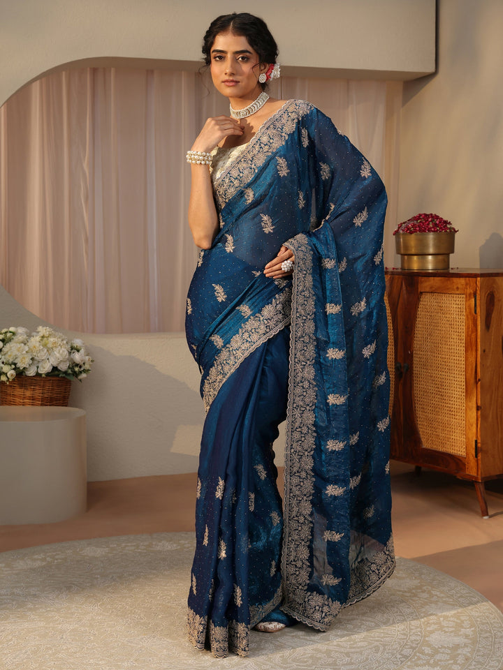 Blue Ethnic Embellished Tissue Saree
