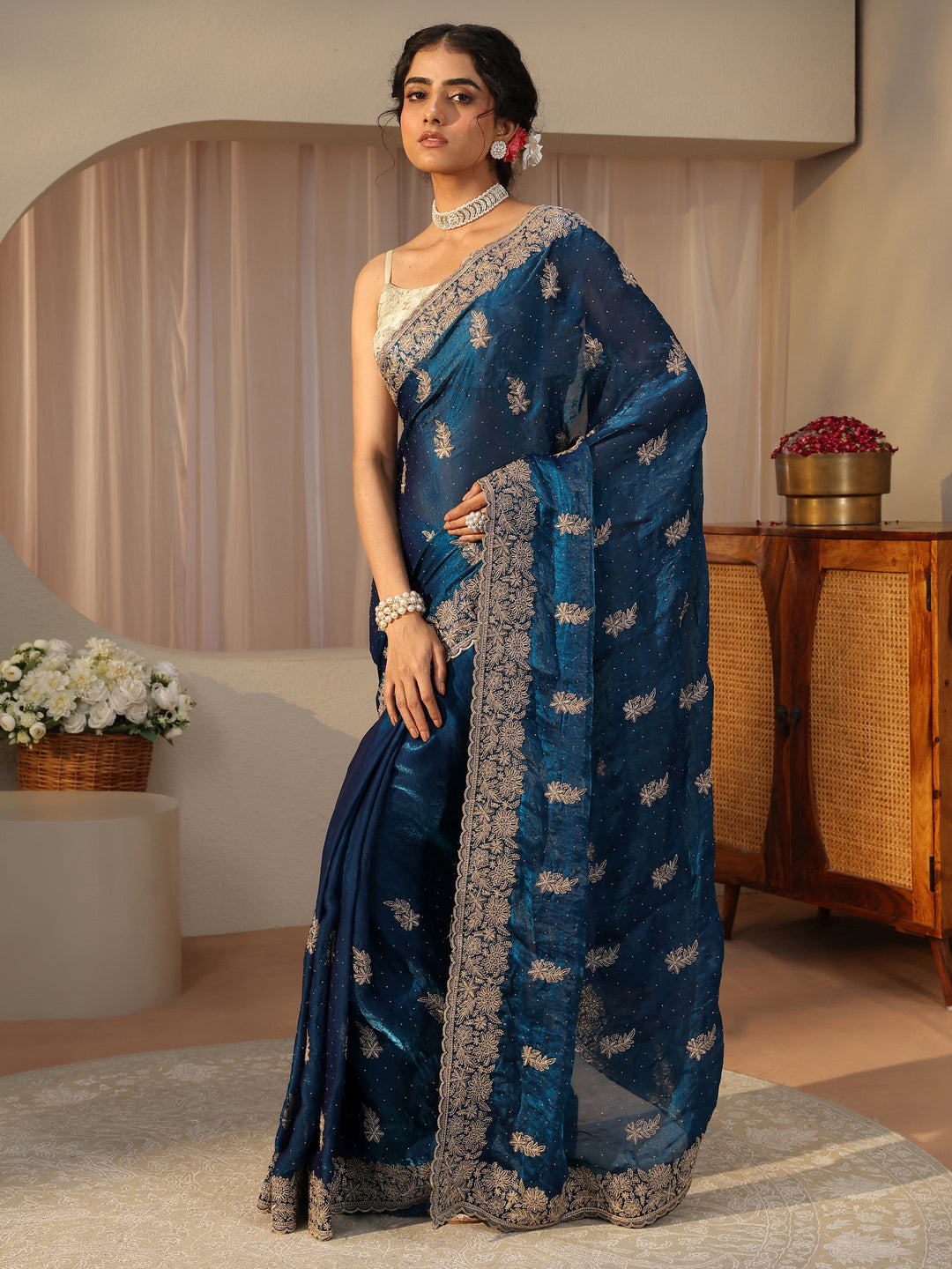 Blue Ethnic Embellished Tissue Saree