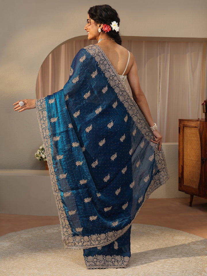 Blue Ethnic Embellished Tissue Saree