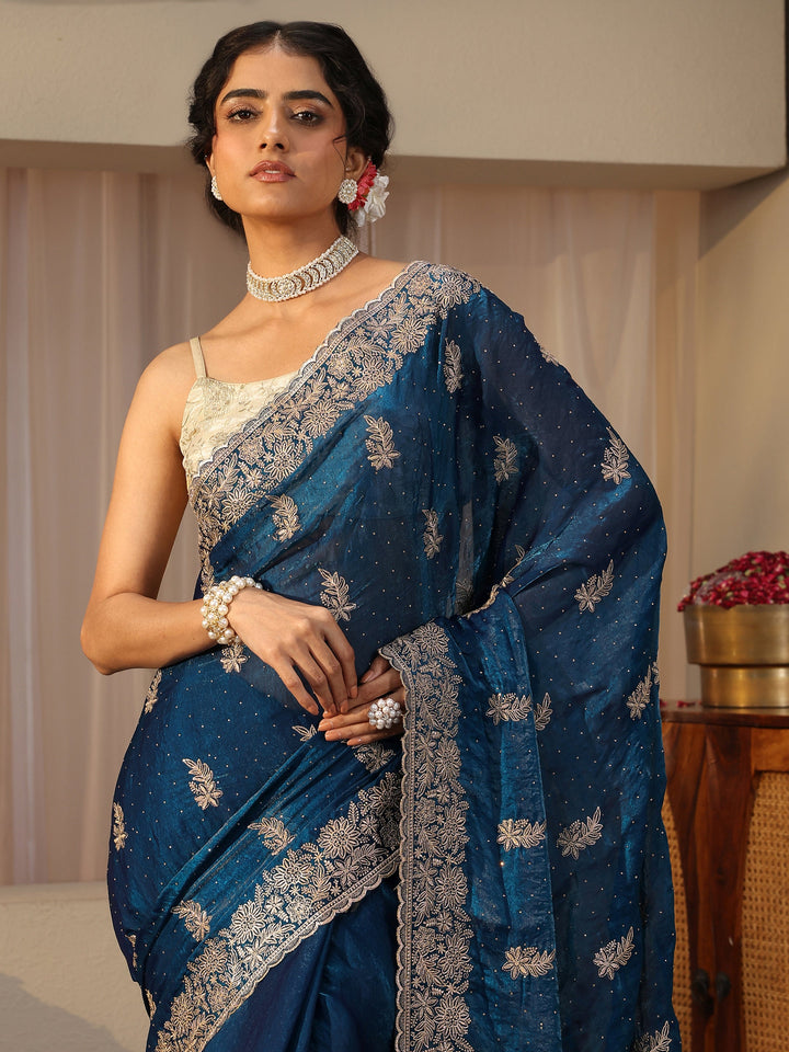 Blue Ethnic Embellished Tissue Saree