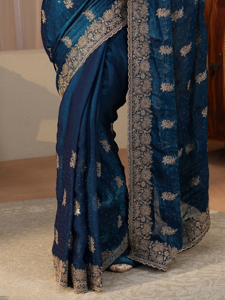 Blue Ethnic Embellished Tissue Saree