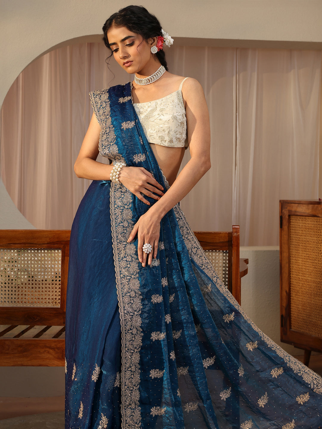 Blue Ethnic Embellished Tissue Saree