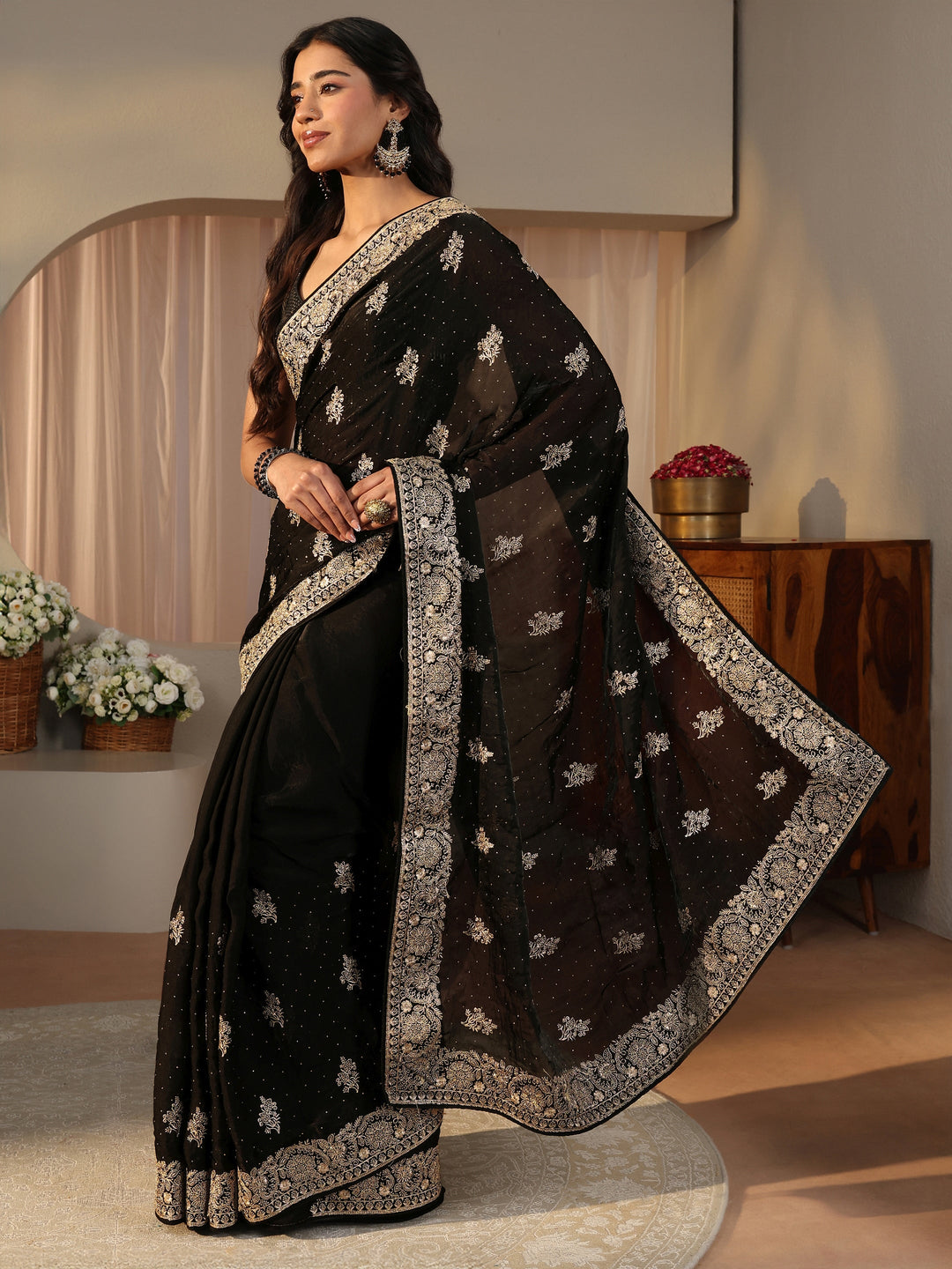 Black Ethnic Embellished Tissue Saree