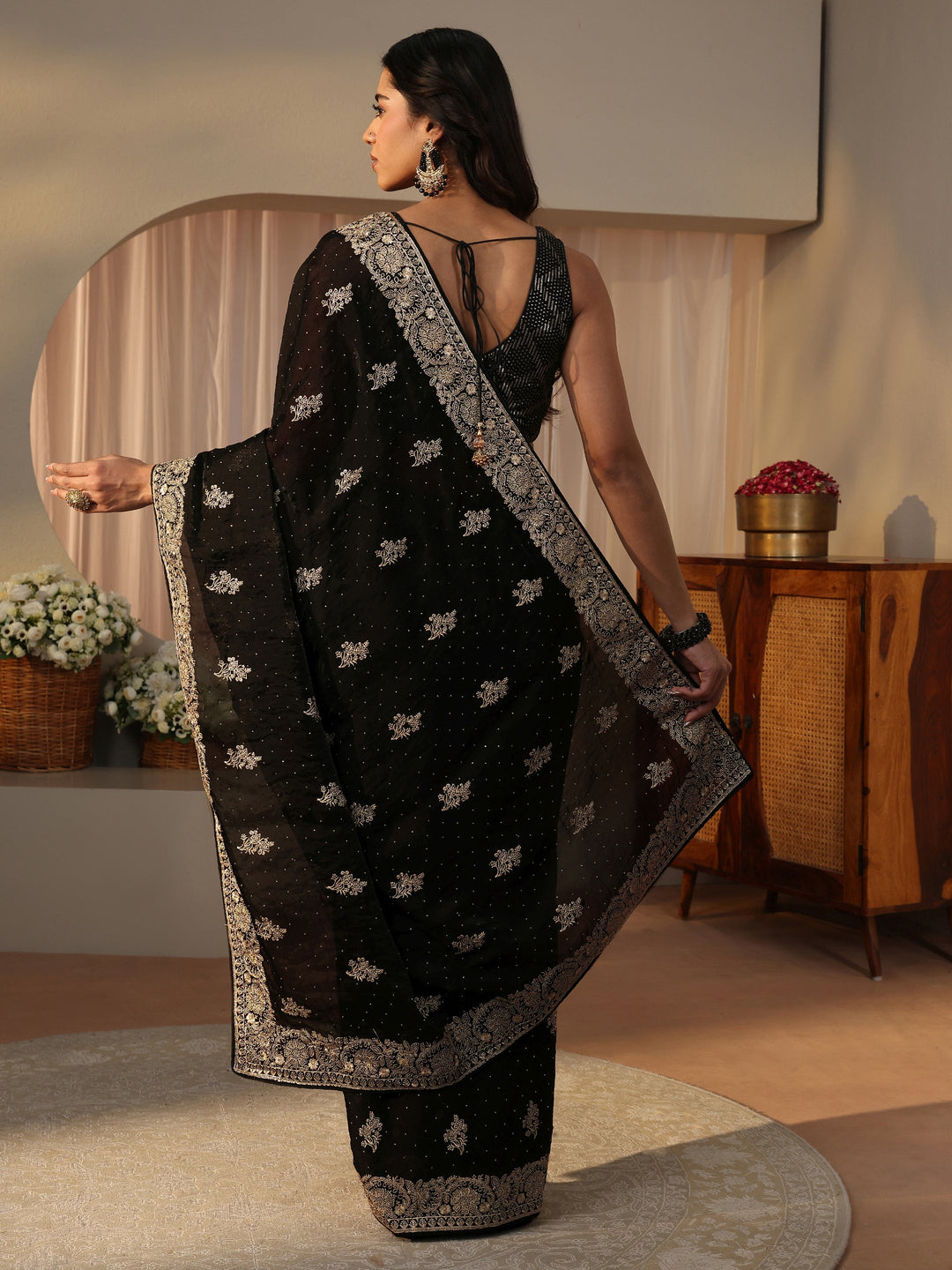 Black Ethnic Embellished Tissue Saree