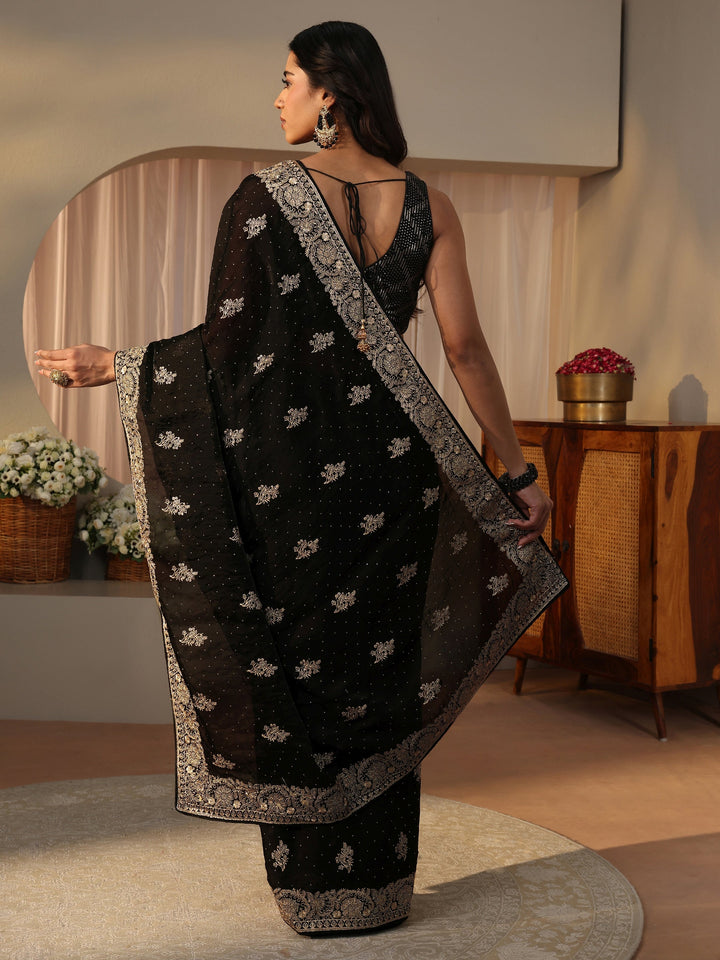 Black Ethnic Embellished Tissue Saree