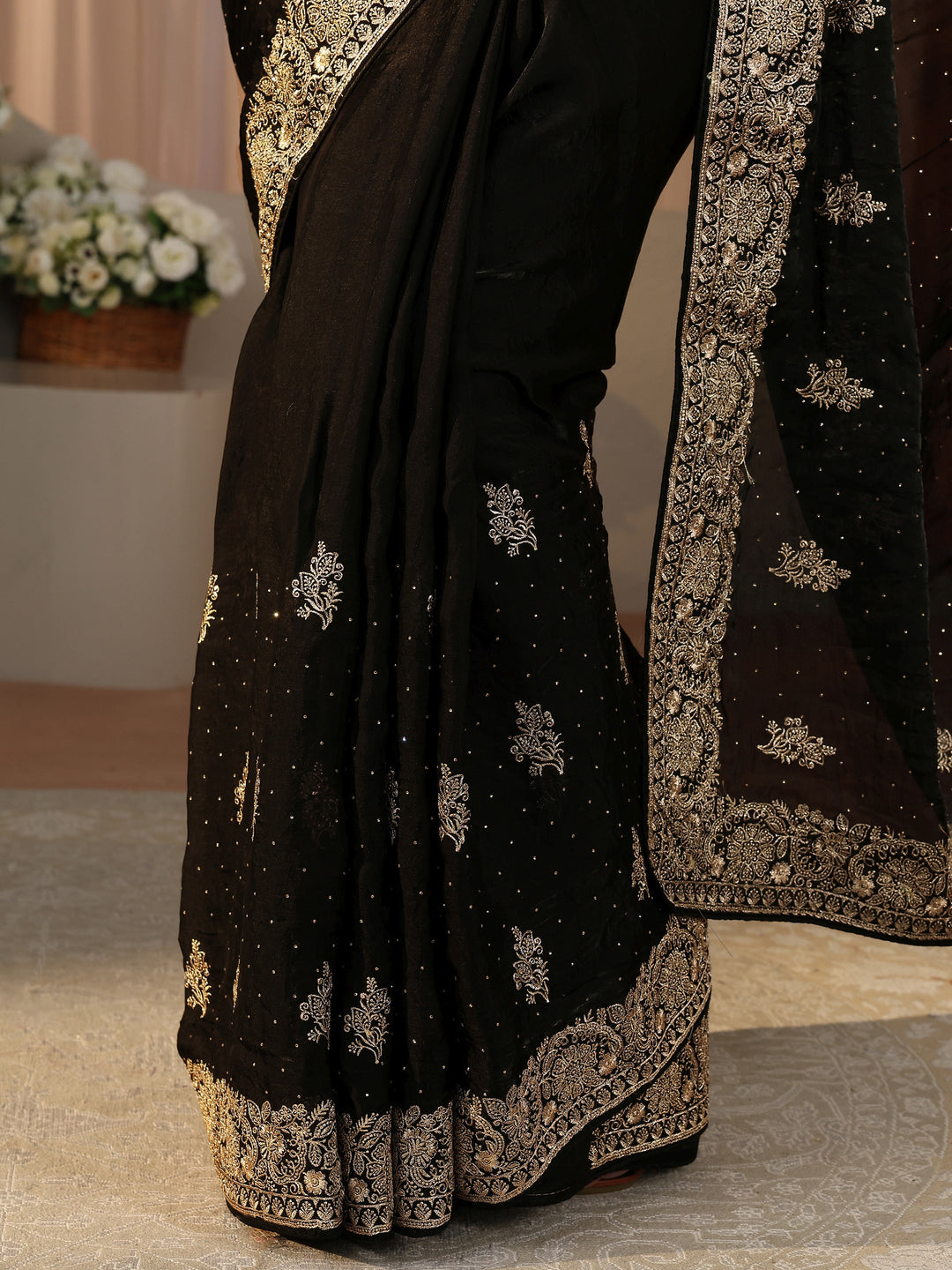 Black Ethnic Embellished Tissue Saree
