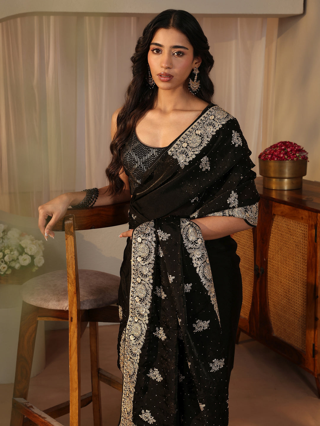 Black Ethnic Embellished Tissue Saree