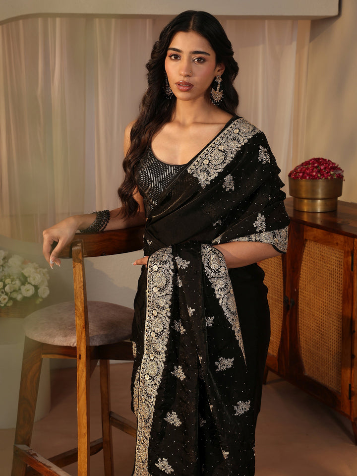 Black Ethnic Embellished Tissue Saree
