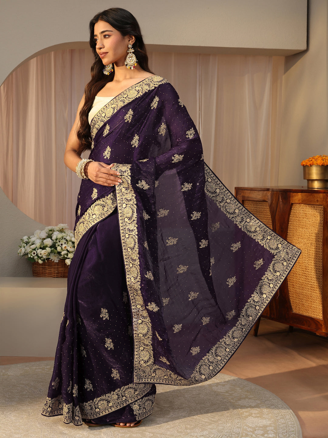 Purple Ethnic Embellished Tissue Saree