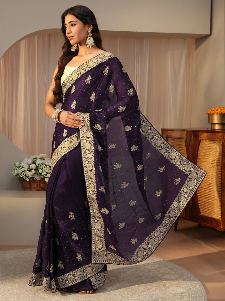 Purple Ethnic Embellished Tissue Saree