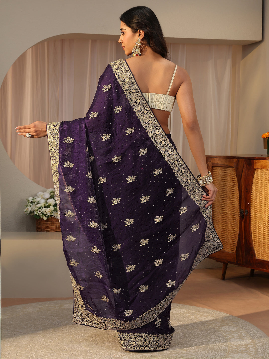 Purple Ethnic Embellished Tissue Saree