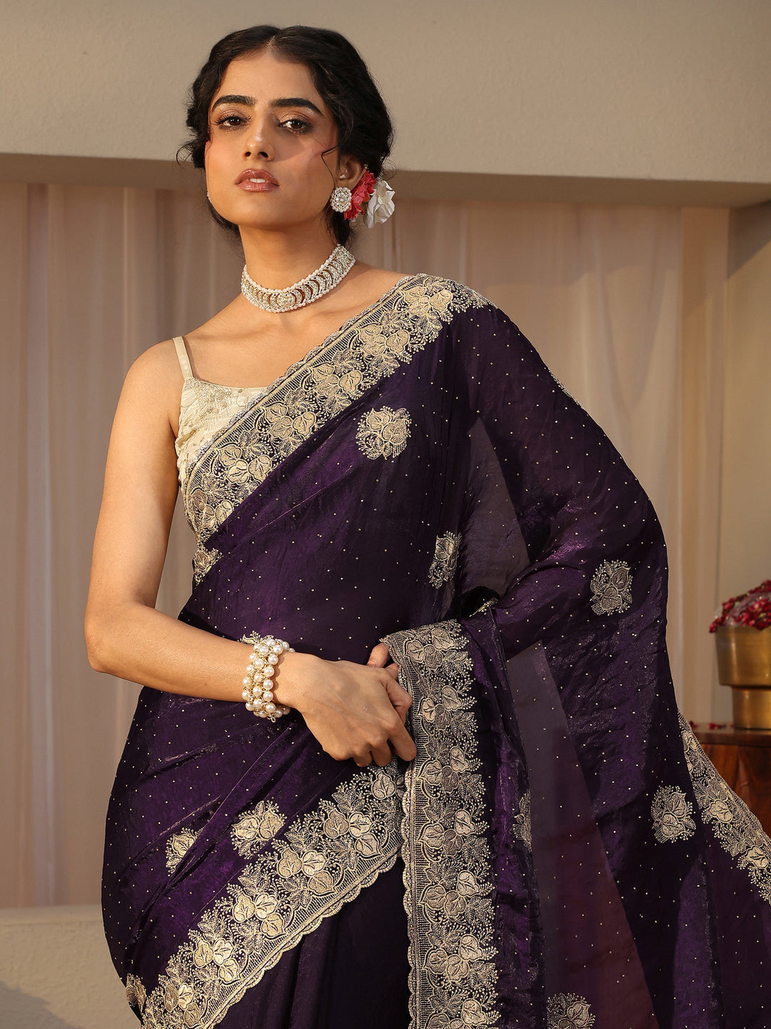 Purple Ethnic Embellished Tissue Saree