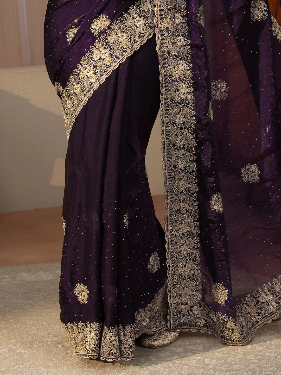 Purple Ethnic Embellished Tissue Saree