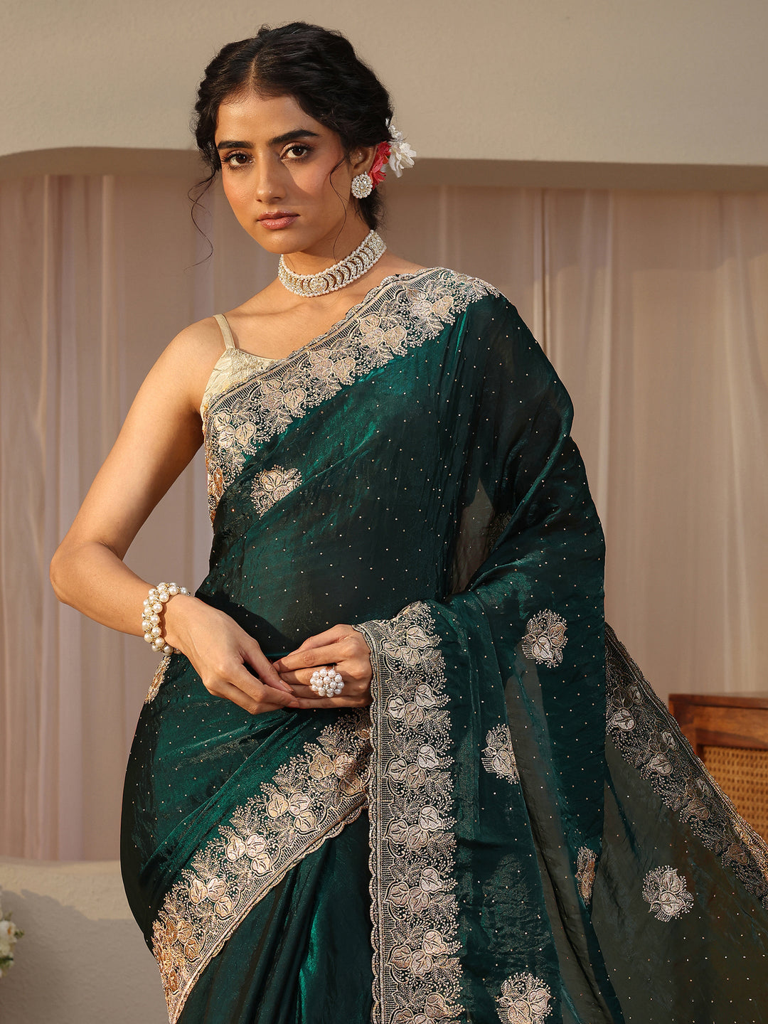 Green Ethnic Embellished Tissue Saree