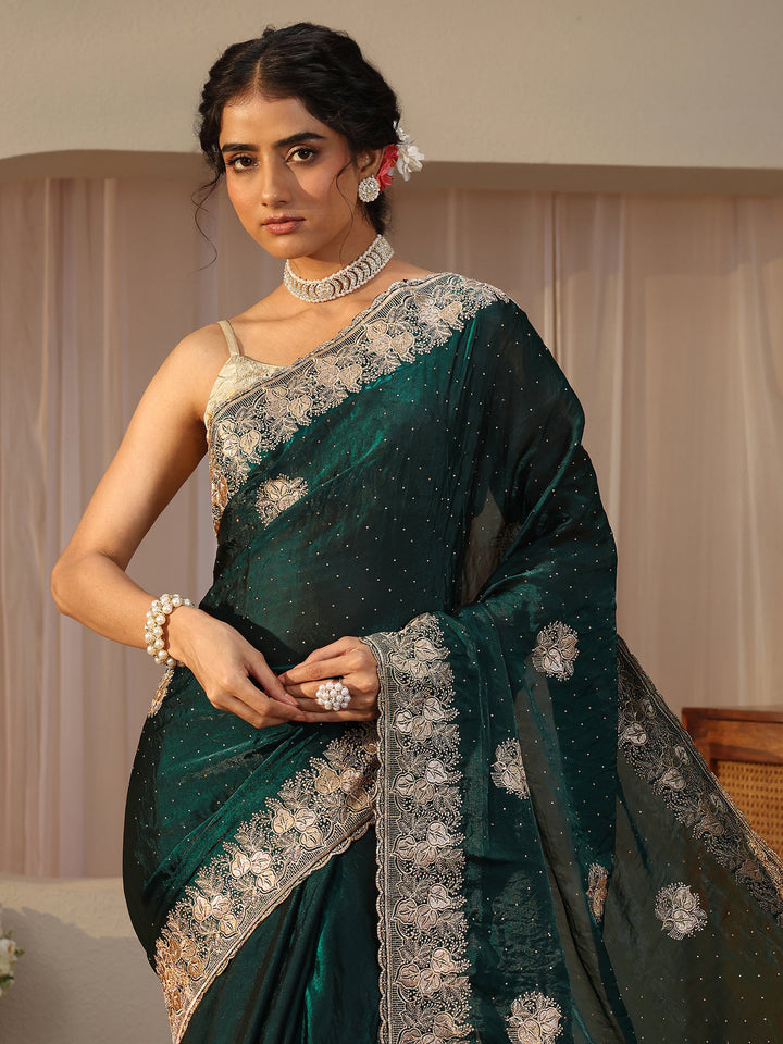 Green Ethnic Embellished Tissue Saree