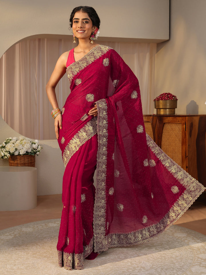 Red Ethnic Embellished Tissue Saree