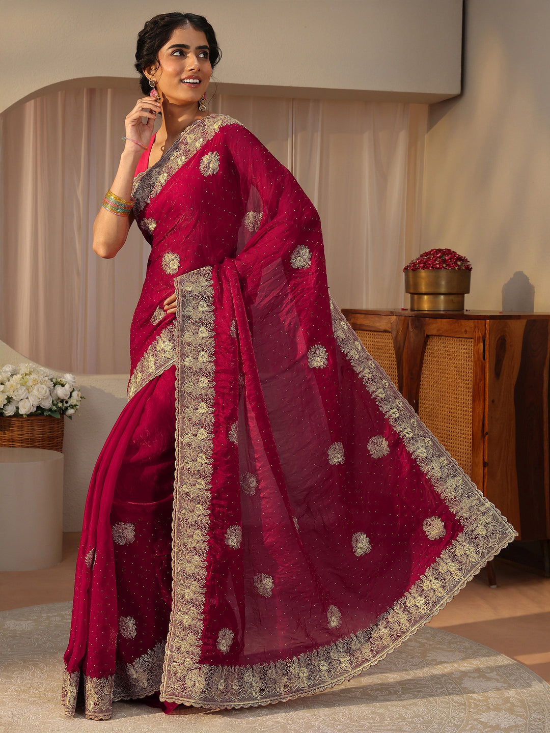 Red Ethnic Embellished Tissue Saree