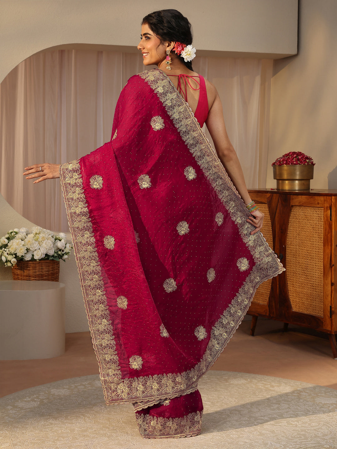Red Ethnic Embellished Tissue Saree