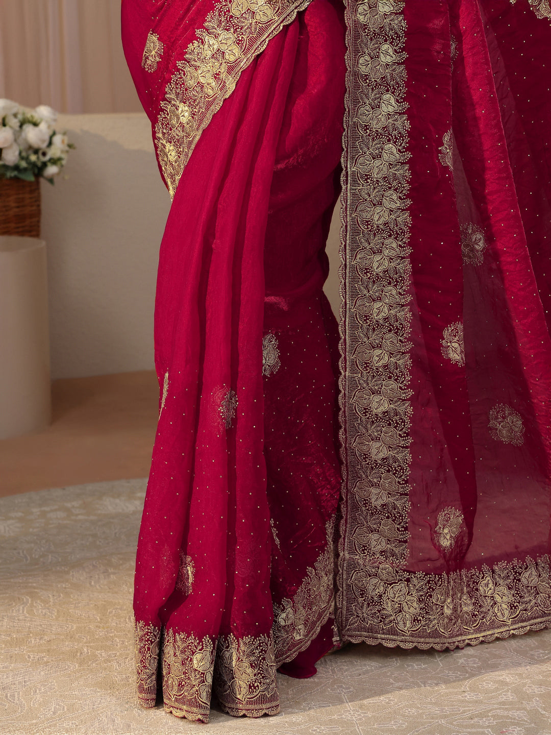 Red Ethnic Embellished Tissue Saree