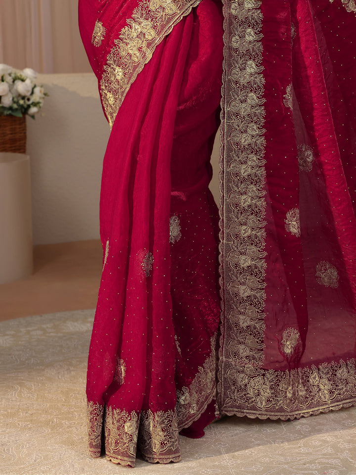 Red Ethnic Embellished Tissue Saree