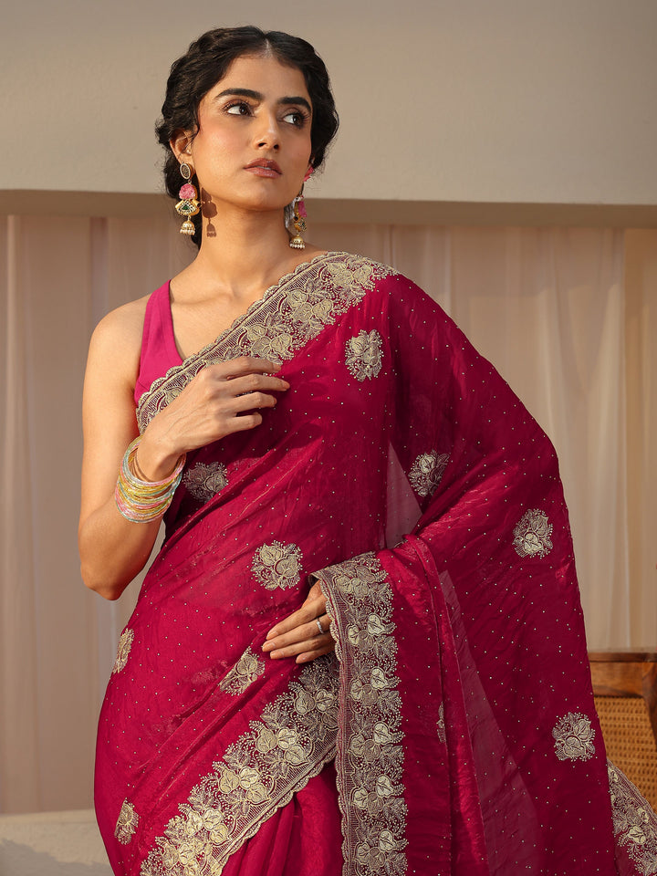 Red Ethnic Embellished Tissue Saree