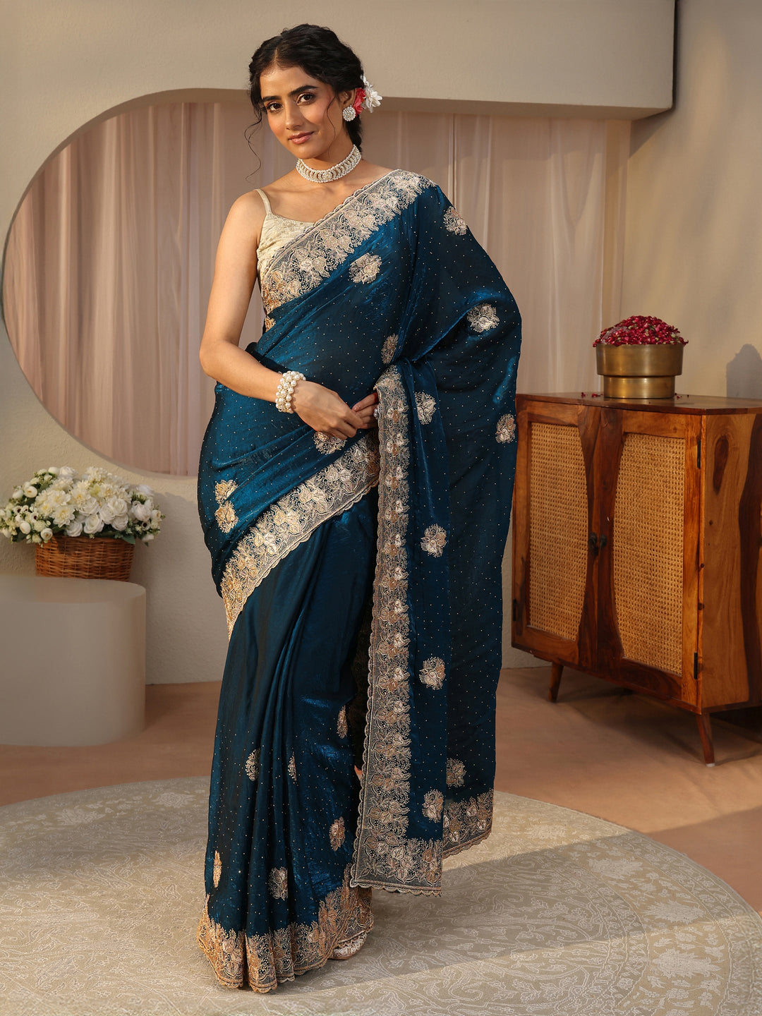 Blue Ethnic Embellished Tissue Saree