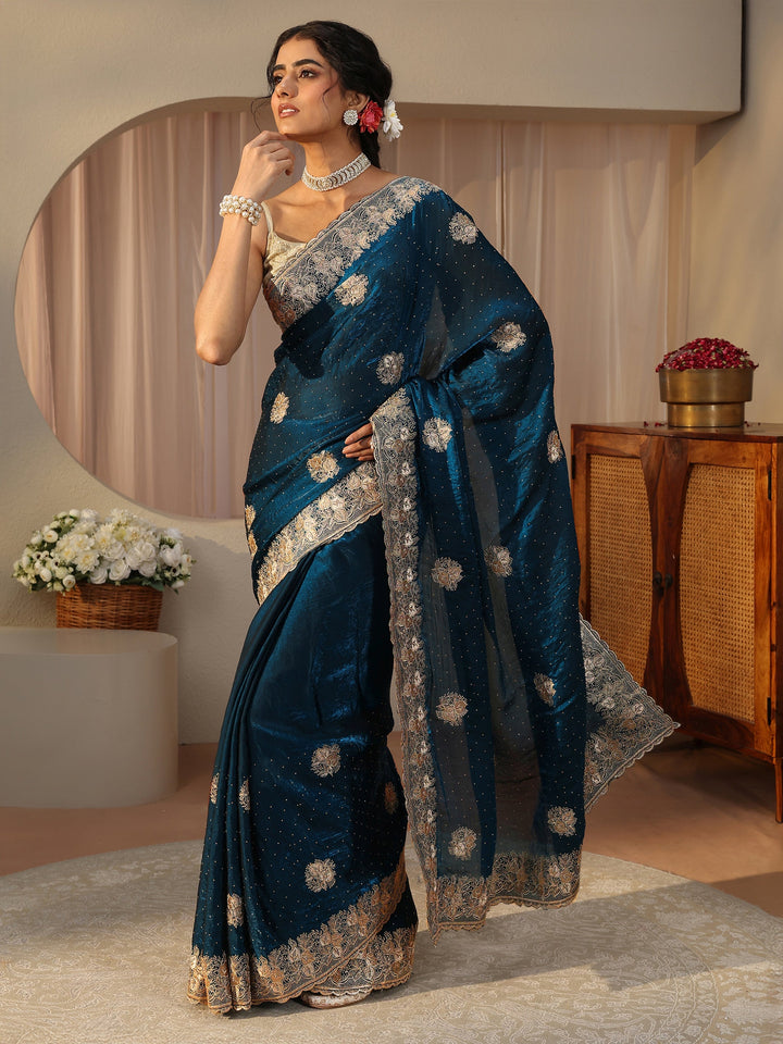 Blue Ethnic Embellished Tissue Saree