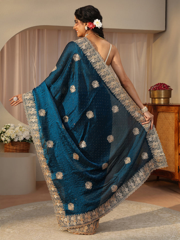 Blue Ethnic Embellished Tissue Saree