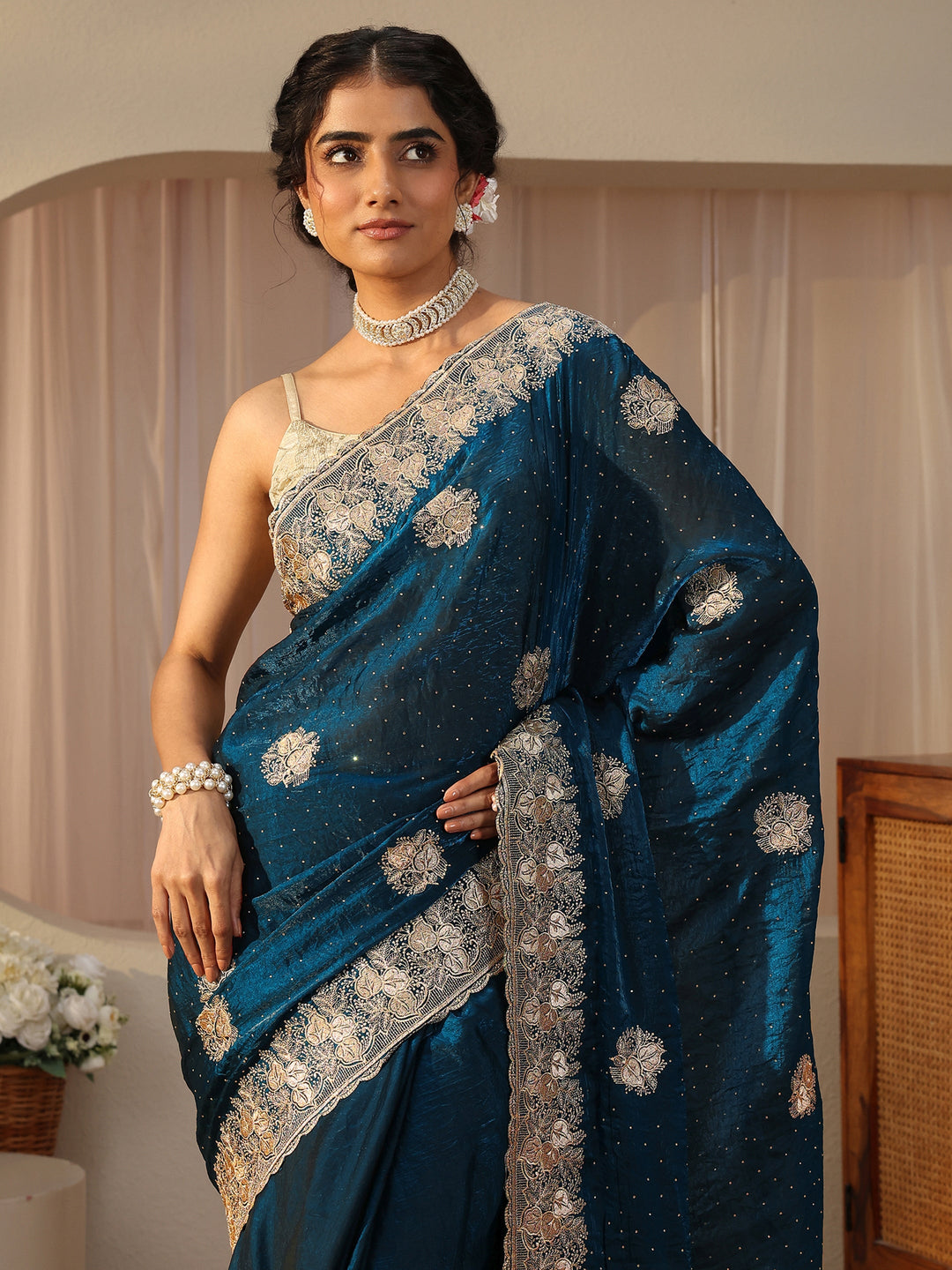 Blue Ethnic Embellished Tissue Saree