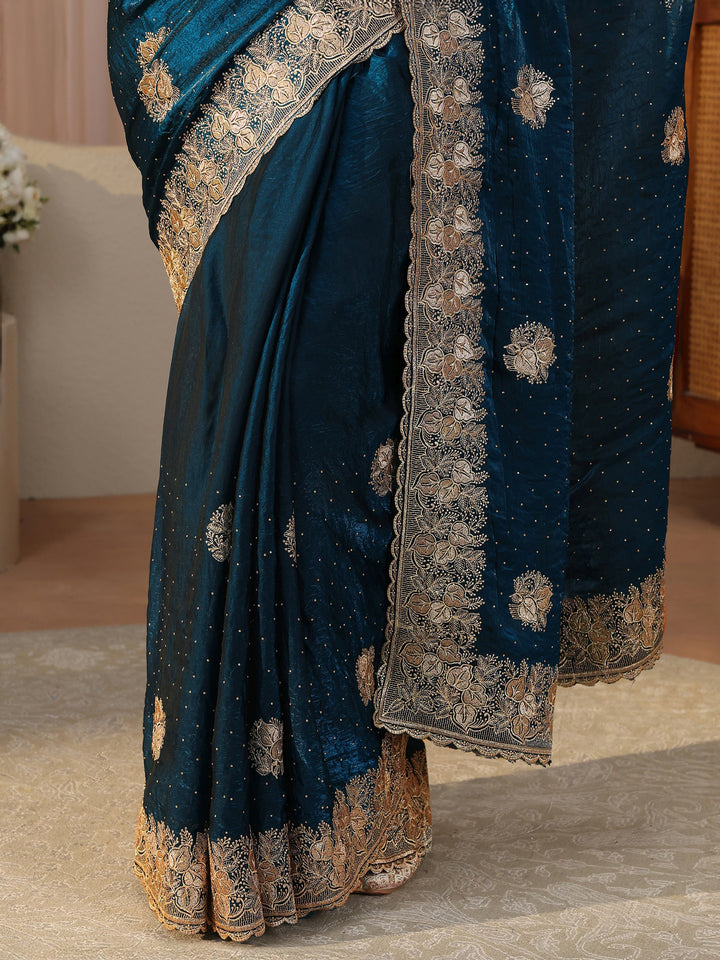 Blue Ethnic Embellished Tissue Saree