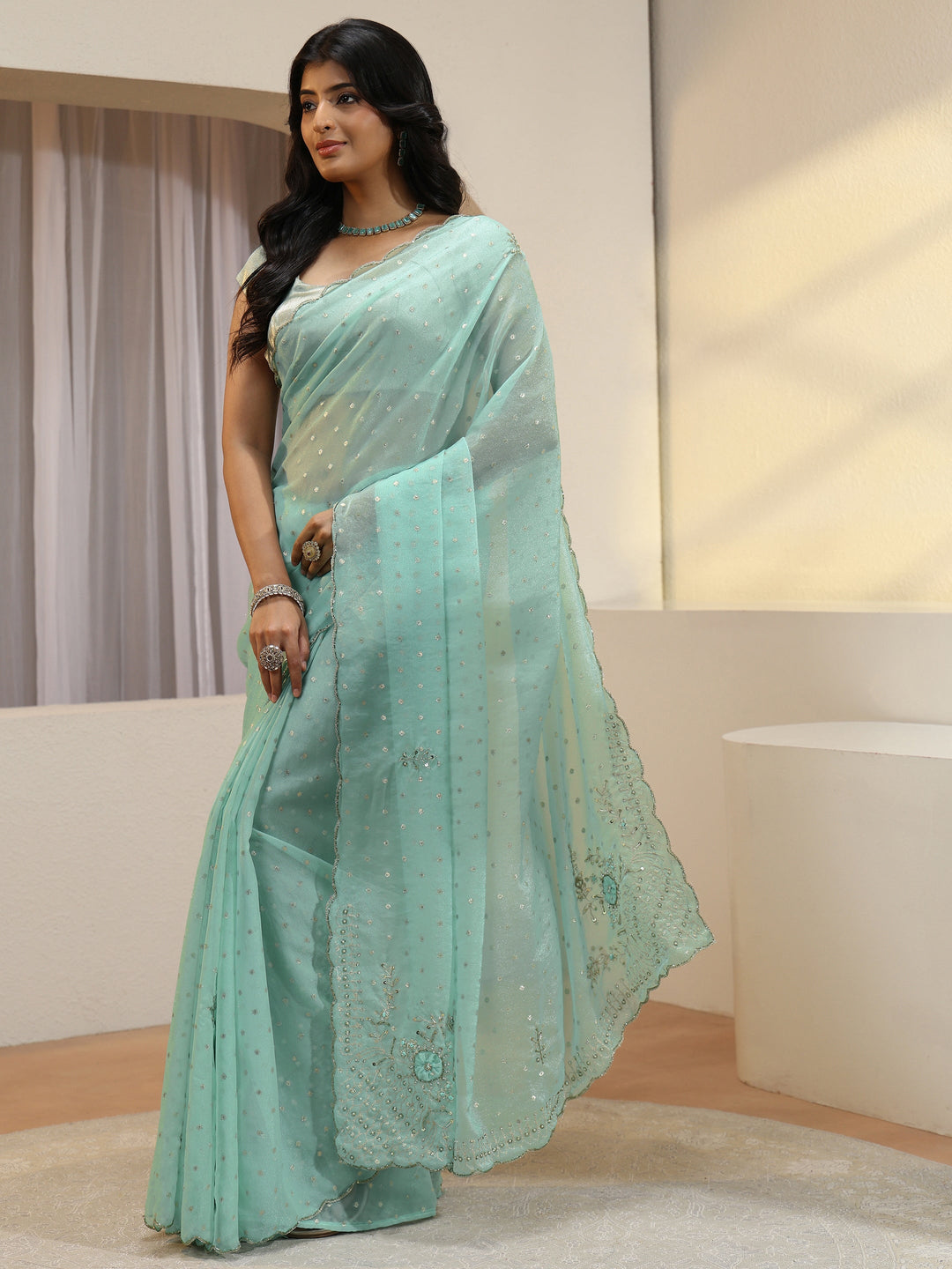 Taupe Floral Embellished Tissue Saree