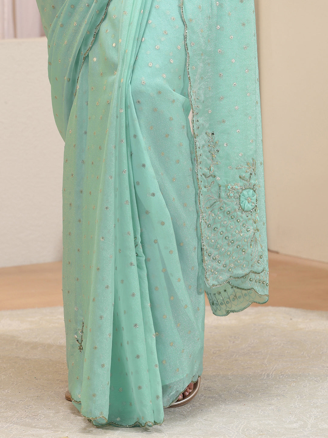 Taupe Floral Embellished Tissue Saree