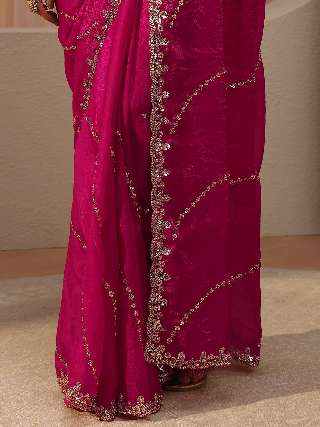 Rani Pink Embellished Tissue Saree