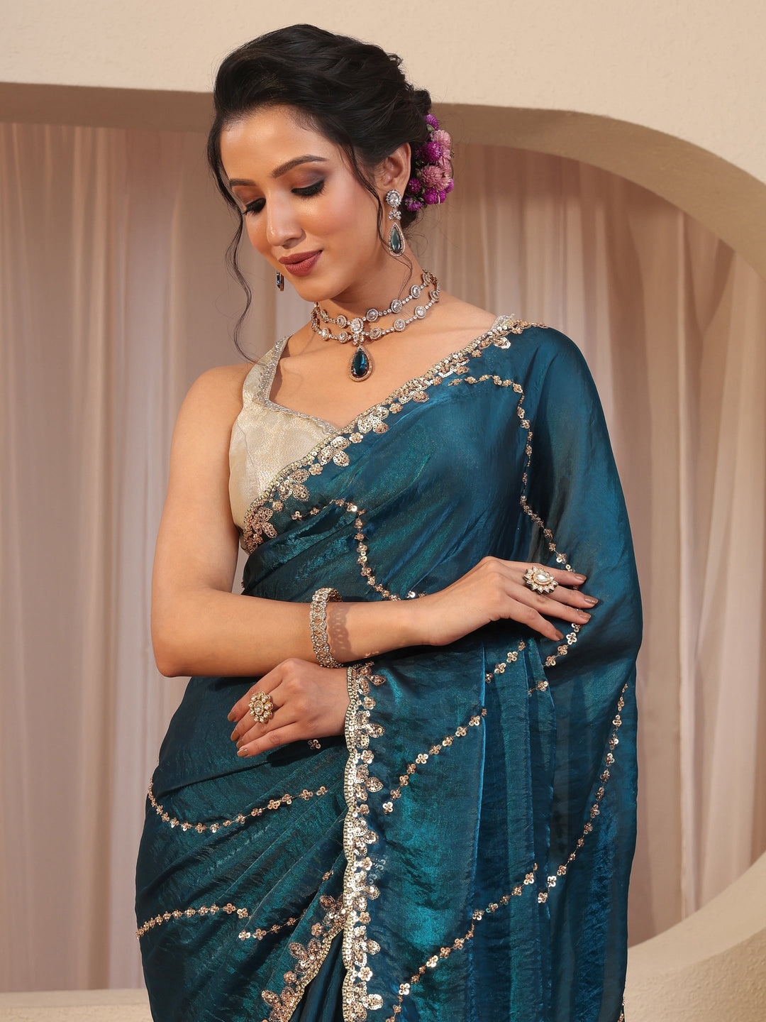 Prussian Blue Sequin Embellished Tissue Saree