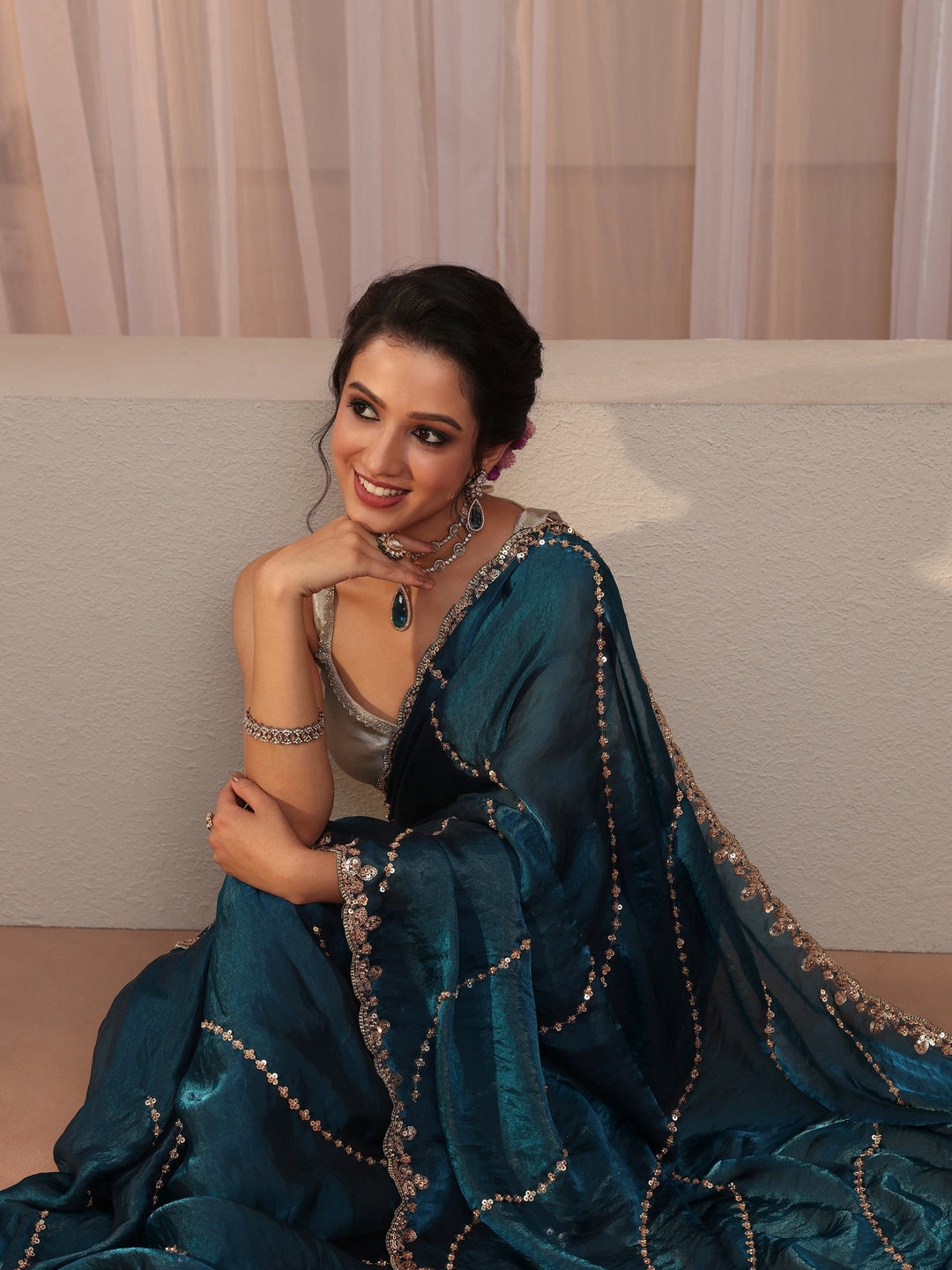 Prussian Blue Sequin Embellished Tissue Saree