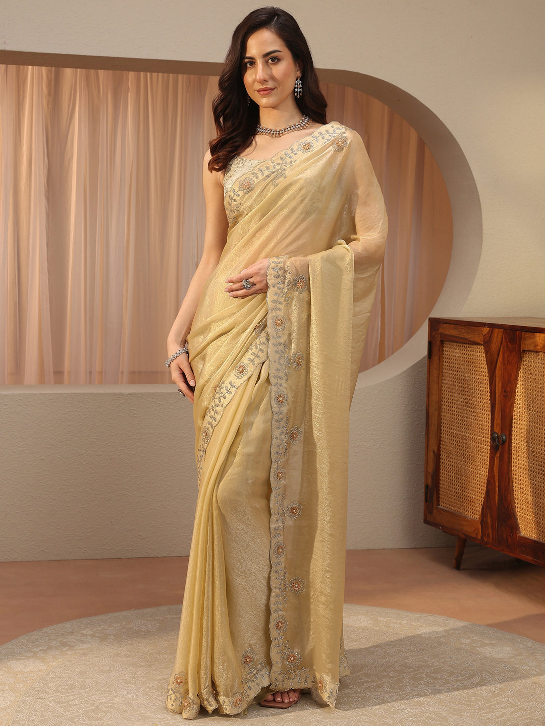 Soft Lime Green Embellished Tissue Saree