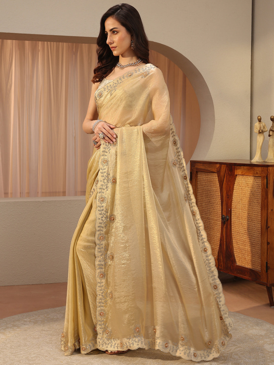 Soft Lime Green Embellished Tissue Saree