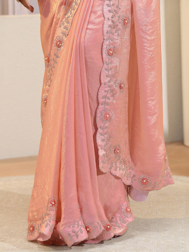 Peach Tissue Saree With Floral Embellished Border