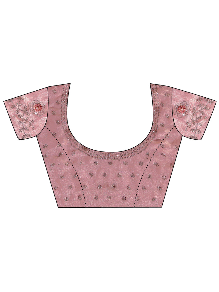 Peach Tissue Saree With Floral Embellished Border