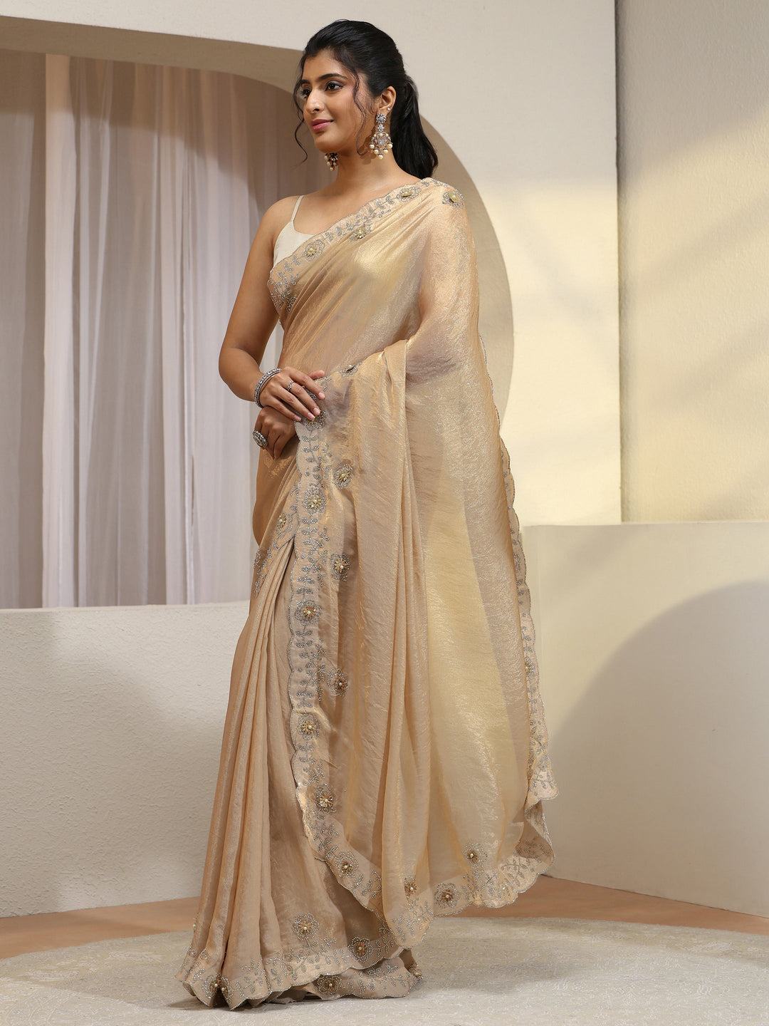 Golden Tissue Saree With Embellished Border