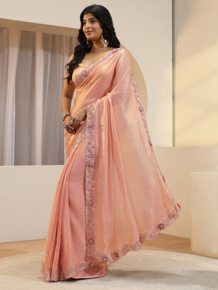 Peach Tissue Saree With Embellished Border