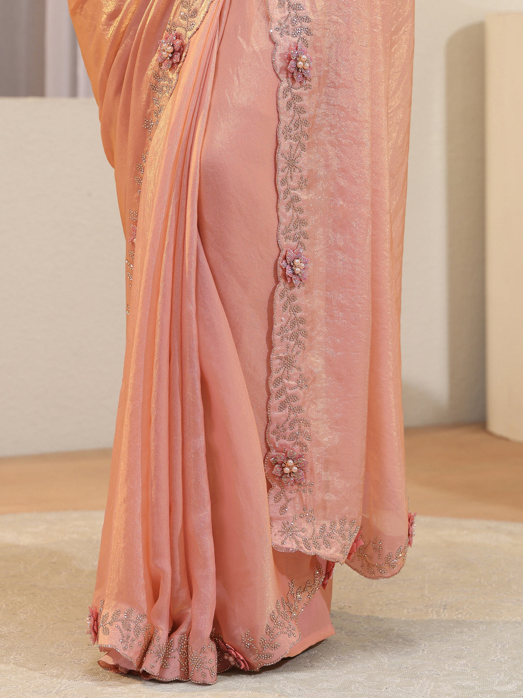 Peach Tissue Saree With Embellished Border
