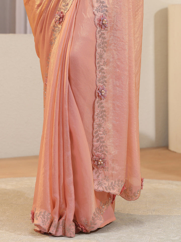 Peach Tissue Saree With Embellished Border