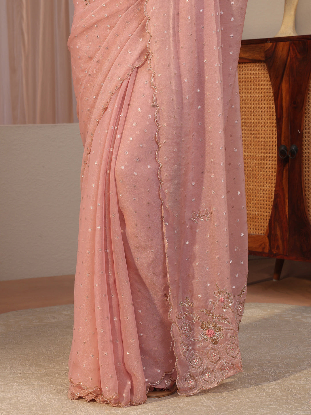 Salmon Pink Embellished Tissue Saree