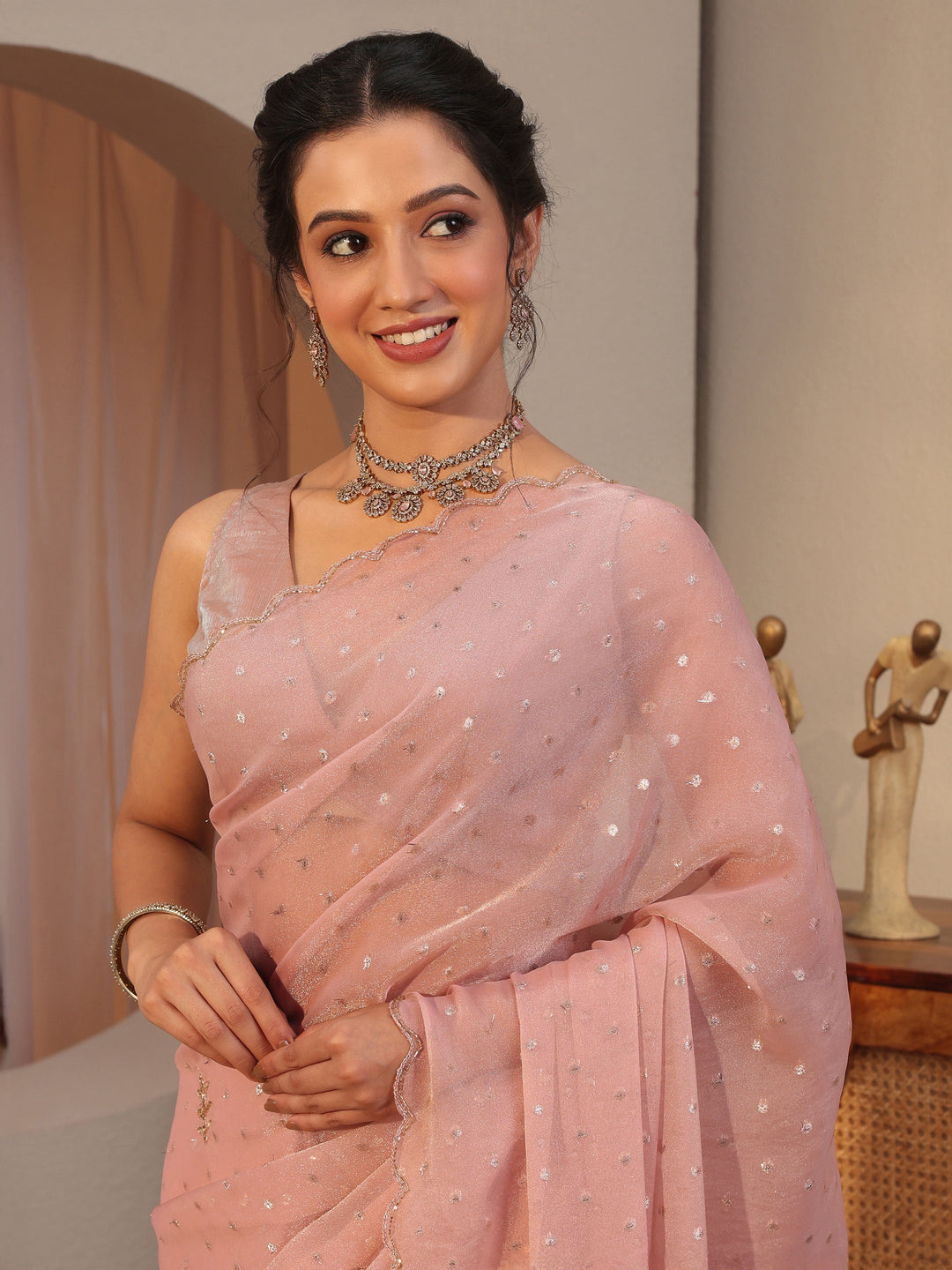 Salmon Pink Embellished Tissue Saree